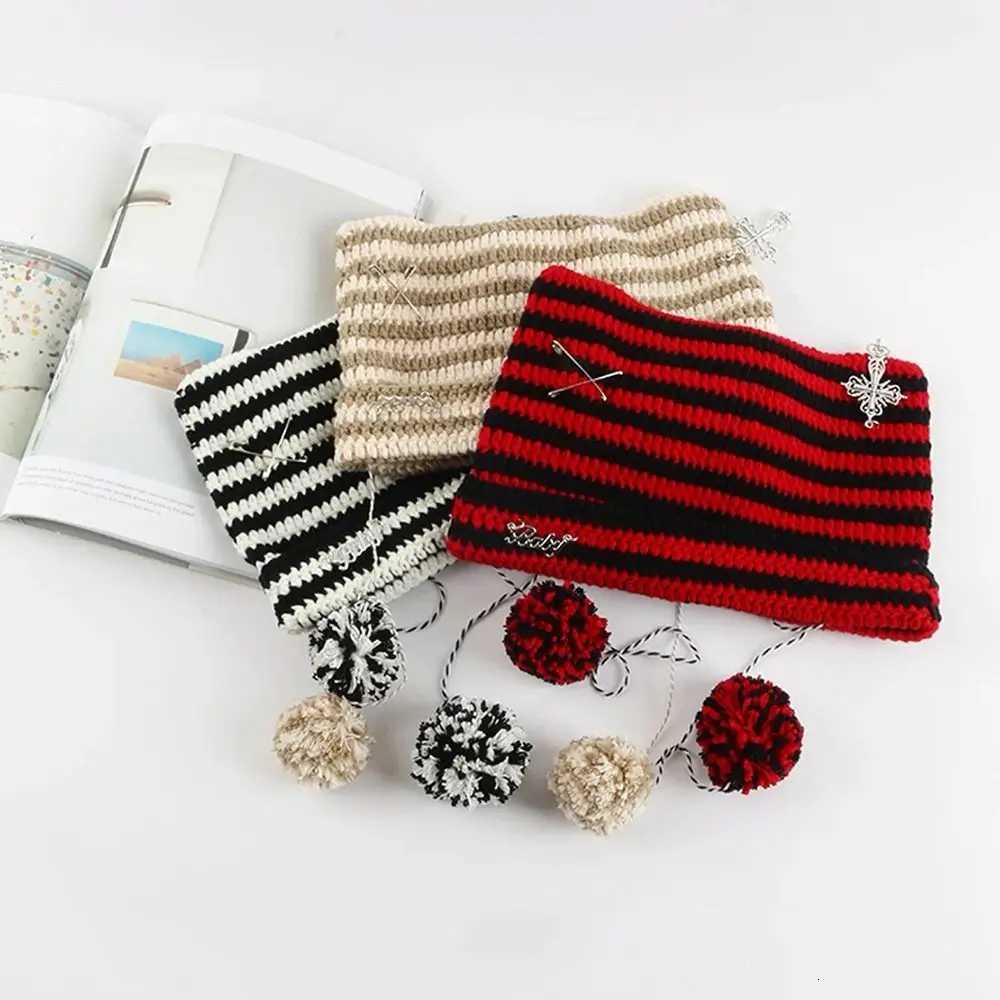 Luxury Y2K Beanie Hat Ins Devil Ear Striped Knitted Wool Cap Autumn Winter Hip-hop Crochet Cute Cat Ears Pointed Pullover Womens Hats Y251209
