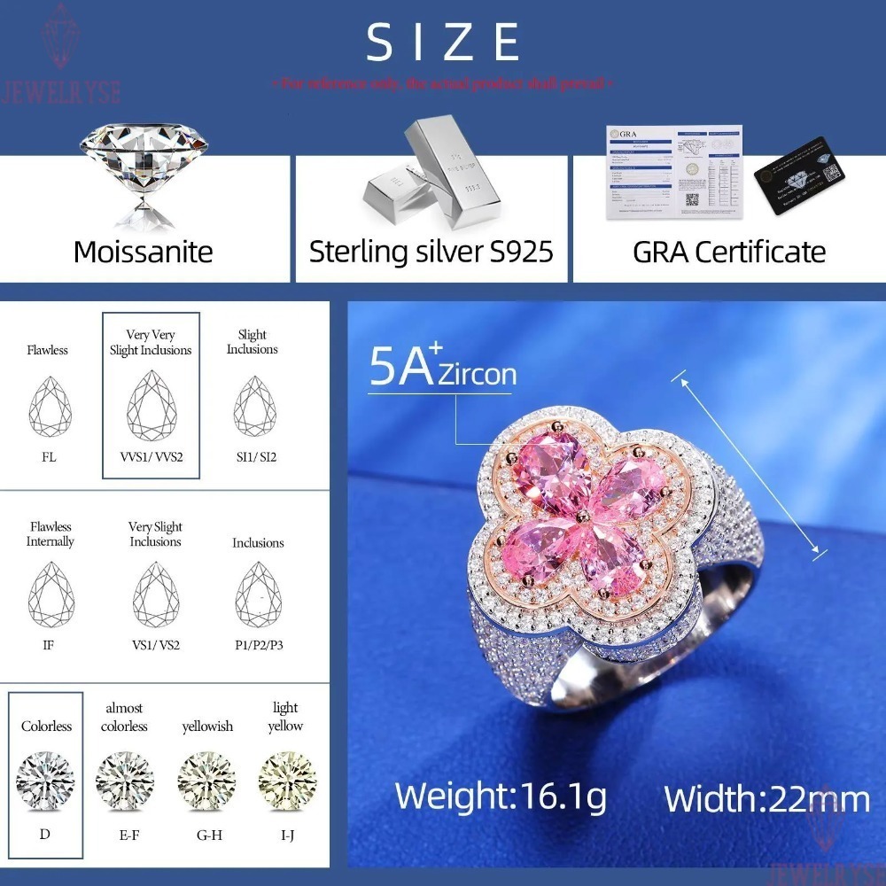 Luxury Wedding Jewelry Couple Lucky Clover Ring 925 Sterling Silver Pink Water Drop VVS Moissanite Diamond Iced Out Cross Ring