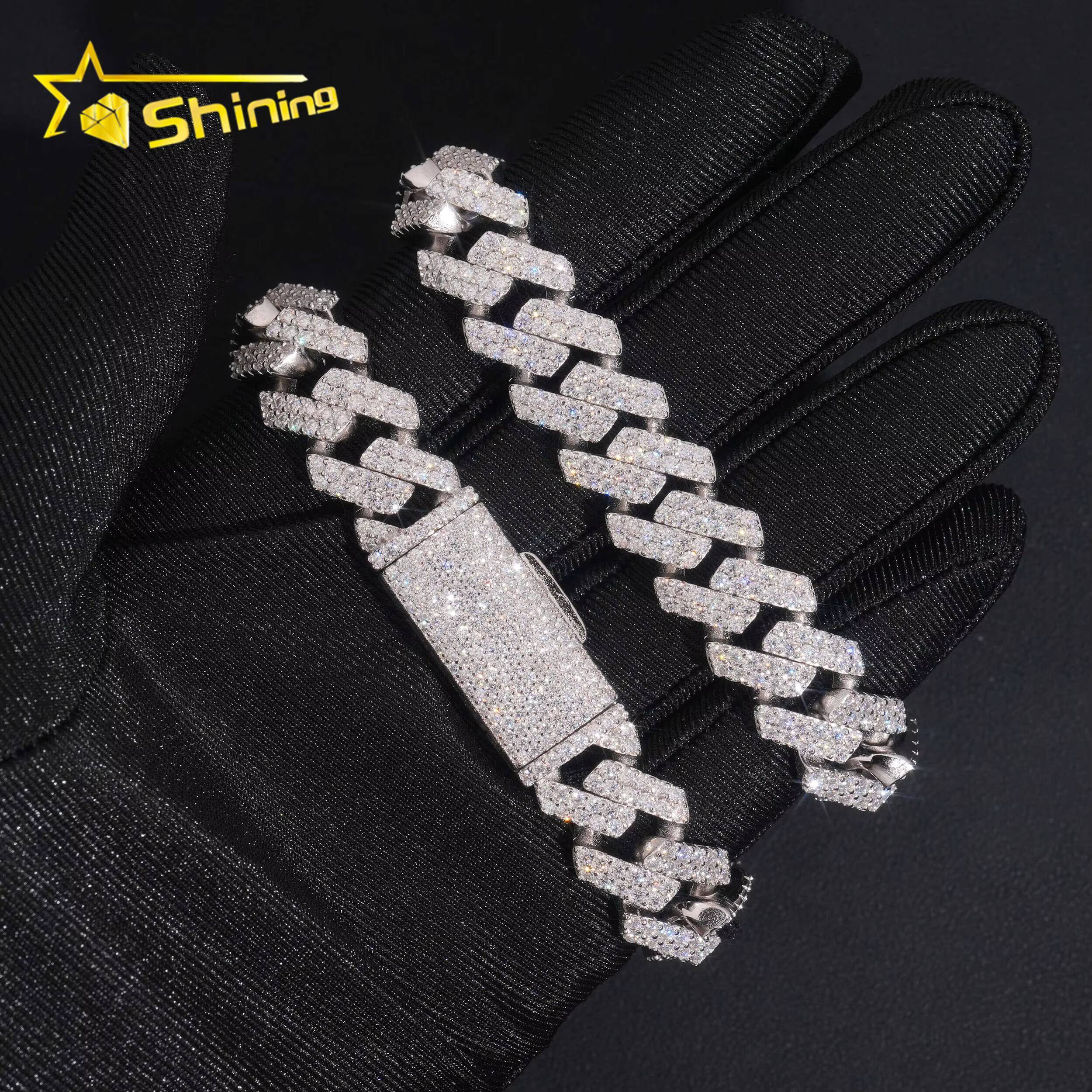 Pass Diamond Tester Moissnaite 2rows 14mm Mens Cuban Bracelet Solid S925 Gold Plated Luxury Cuban Link Chain Hip Hop Jewelry
