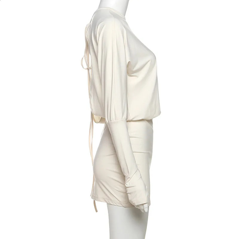 Personalized Sloping Shoulder Backless Lace-Up Long Sleeve Dress - Solid Color Evening Wear C260312