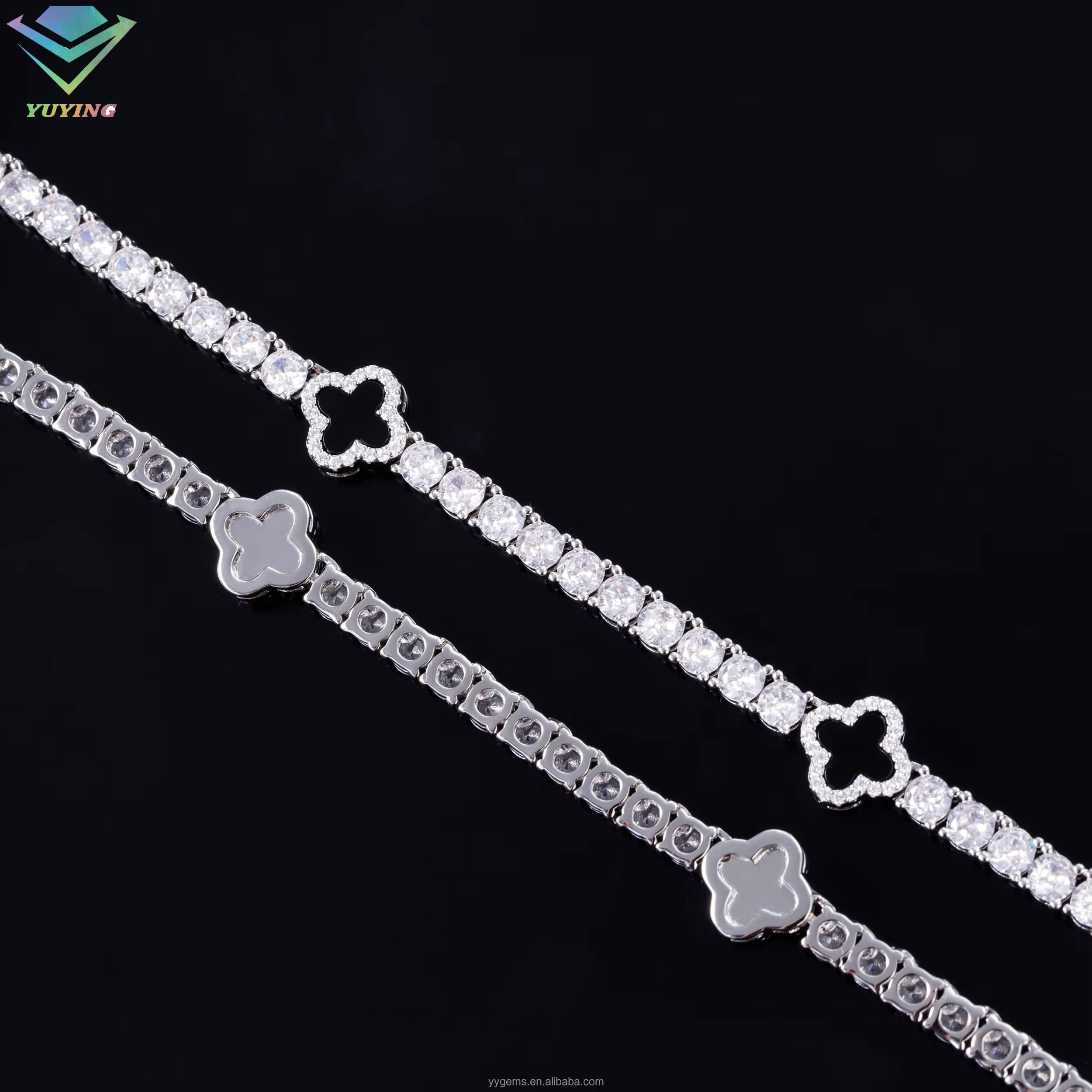 Lucky Four Leaf Clover Tennis Bracelet Hip Hop Jewelry 3mm 4mm 5mm S925 Silver Iced Out Moissanite Clover Tennis Bracelet