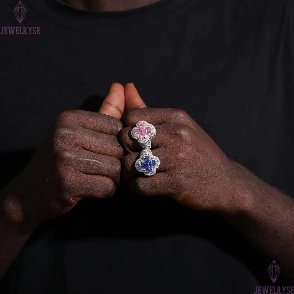 Luxury Wedding Jewelry Couple Lucky Clover Ring 925 Sterling Silver Pink Water Drop VVS Moissanite Diamond Iced Out Cross Ring