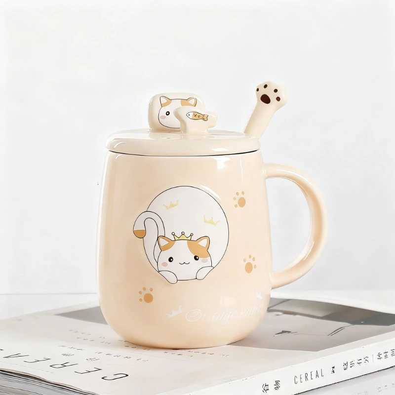 Cat-themed ceramic mug with lid and spoon cartoon style perfect for office or home use coffee cup mugs mug glass mug cup mugs C251210