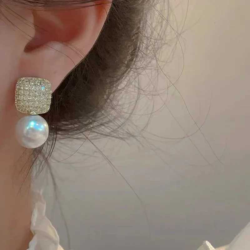 Luxury Shiny Micro Set Zircon Gold Color Square Metal Pearl Stud New in Earrings 2025 Jewelry Party Wens Fashion Accories Y251210
