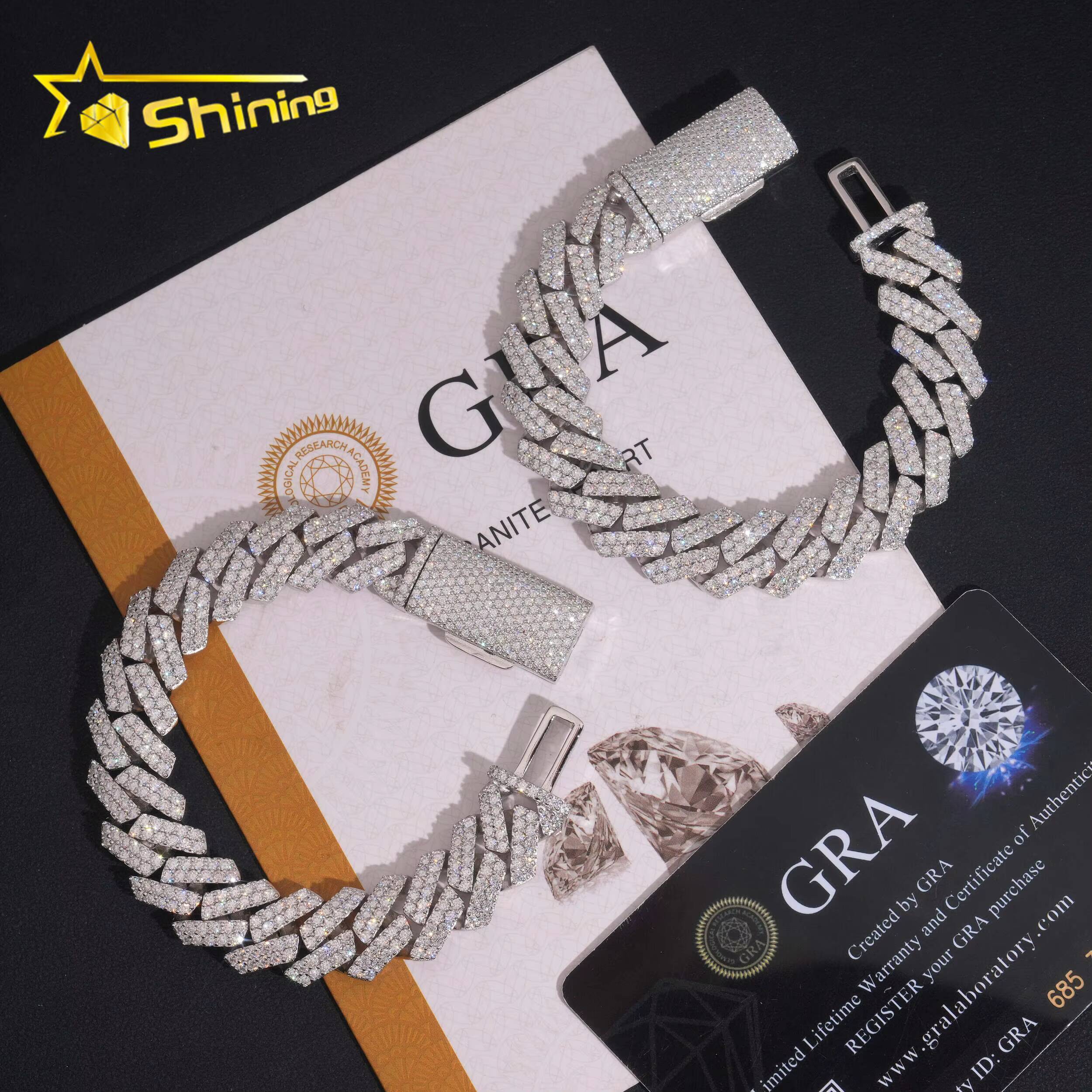 Pass Diamond Tester Moissnaite 2rows 14mm Mens Cuban Bracelet Solid S925 Gold Plated Luxury Cuban Link Chain Hip Hop Jewelry