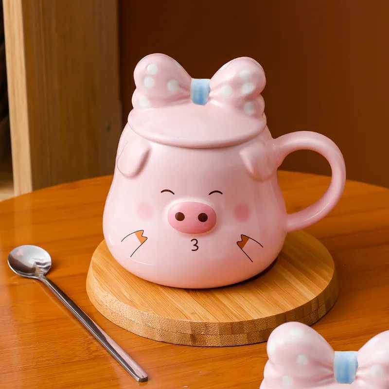Creative Ceramic Pig Cups Cartoon Coffee Cup Covered Spoon 3D Drinkware Breakfast Milk Mug Afternoon Tea Lover Mugs Couple Gift C251210