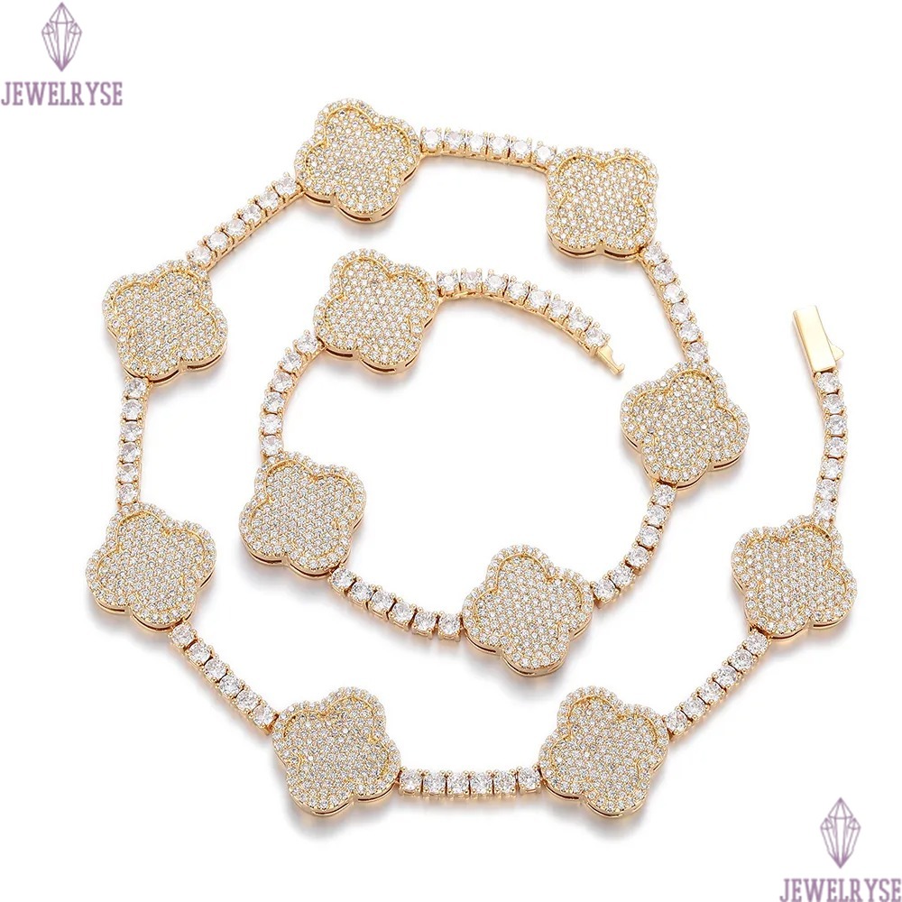 Hip Hop Fine Jewelry Four-Leaf Clover Tennis Chain Necklace Women 18K Gold Plated Moissanite Iced Out Bling Diamond Chain