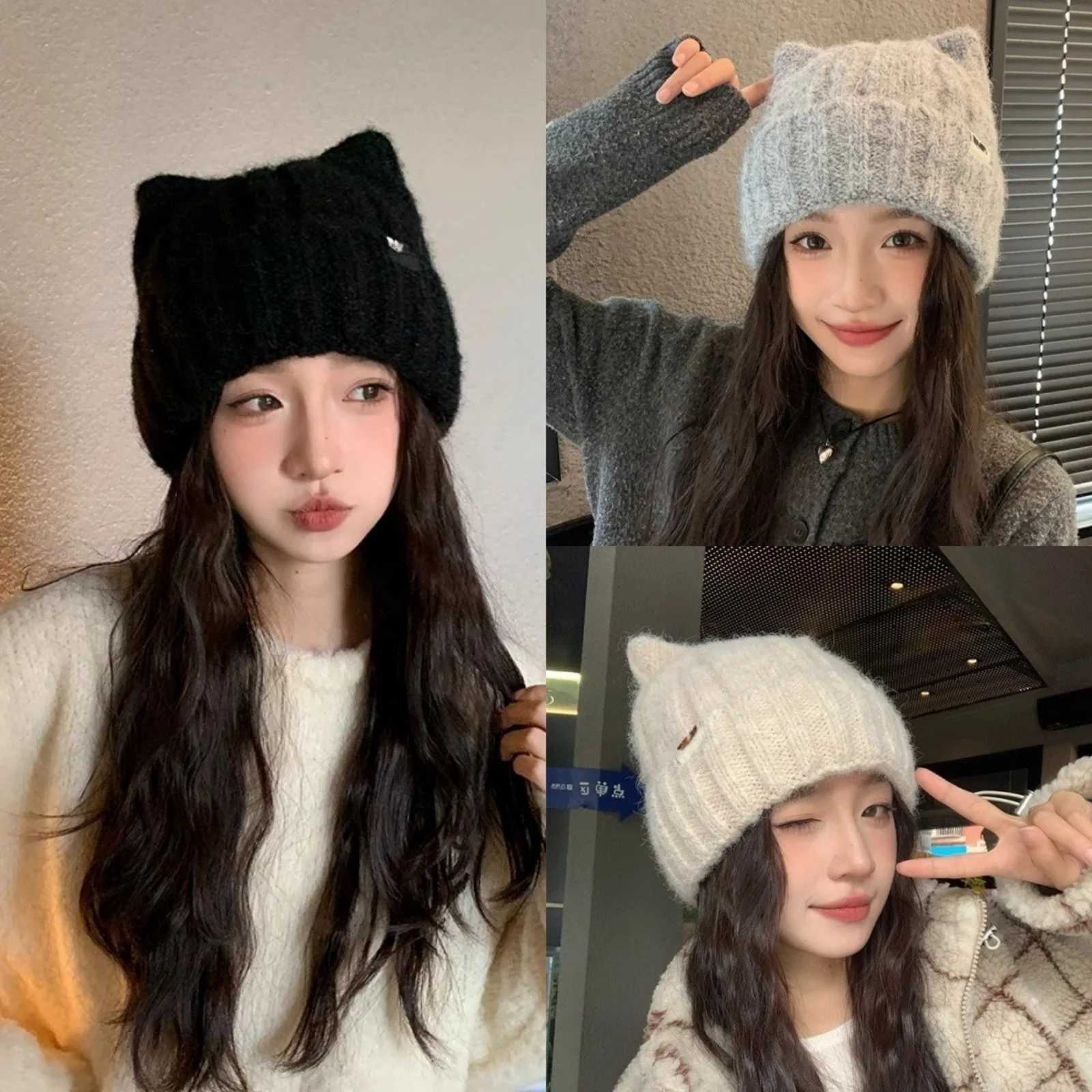 Luxury 1PC Cat Ear Knitted Beanies Cute Winter Warm Wool Hats For Women Korean Style Fashion Headwear Y251209