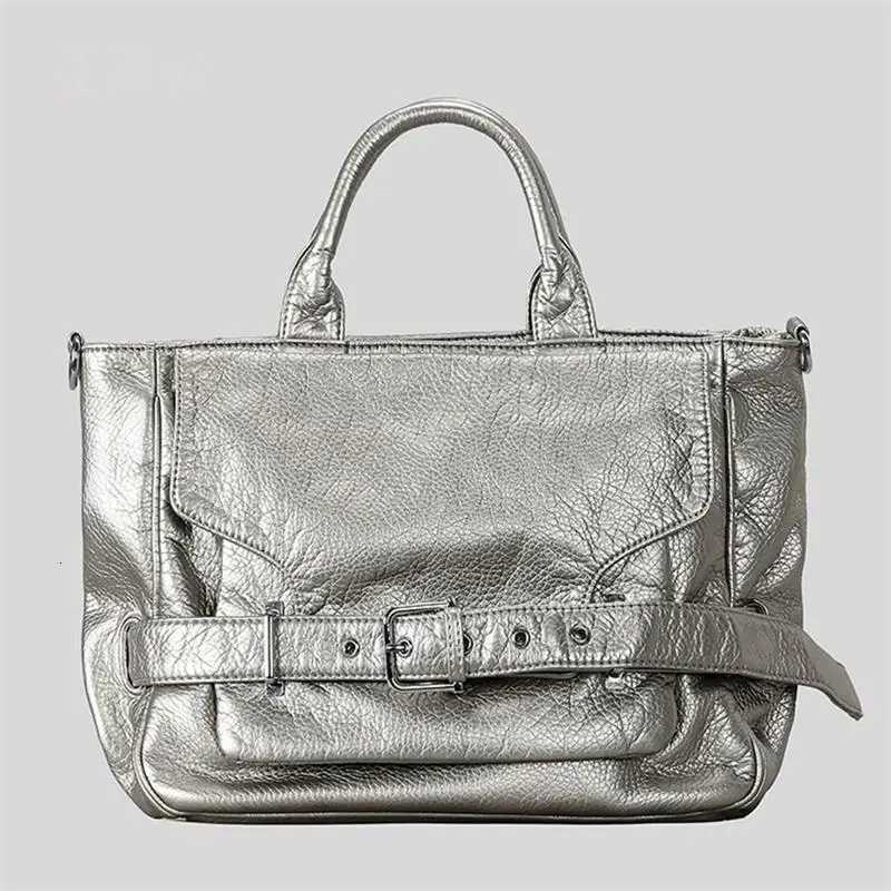 Korean Belt Buckle Crossbody Shoder BagSoft Leather Solid Color Tote BagLarge Capacity Motorcycle Biker Style Handbag Y251209