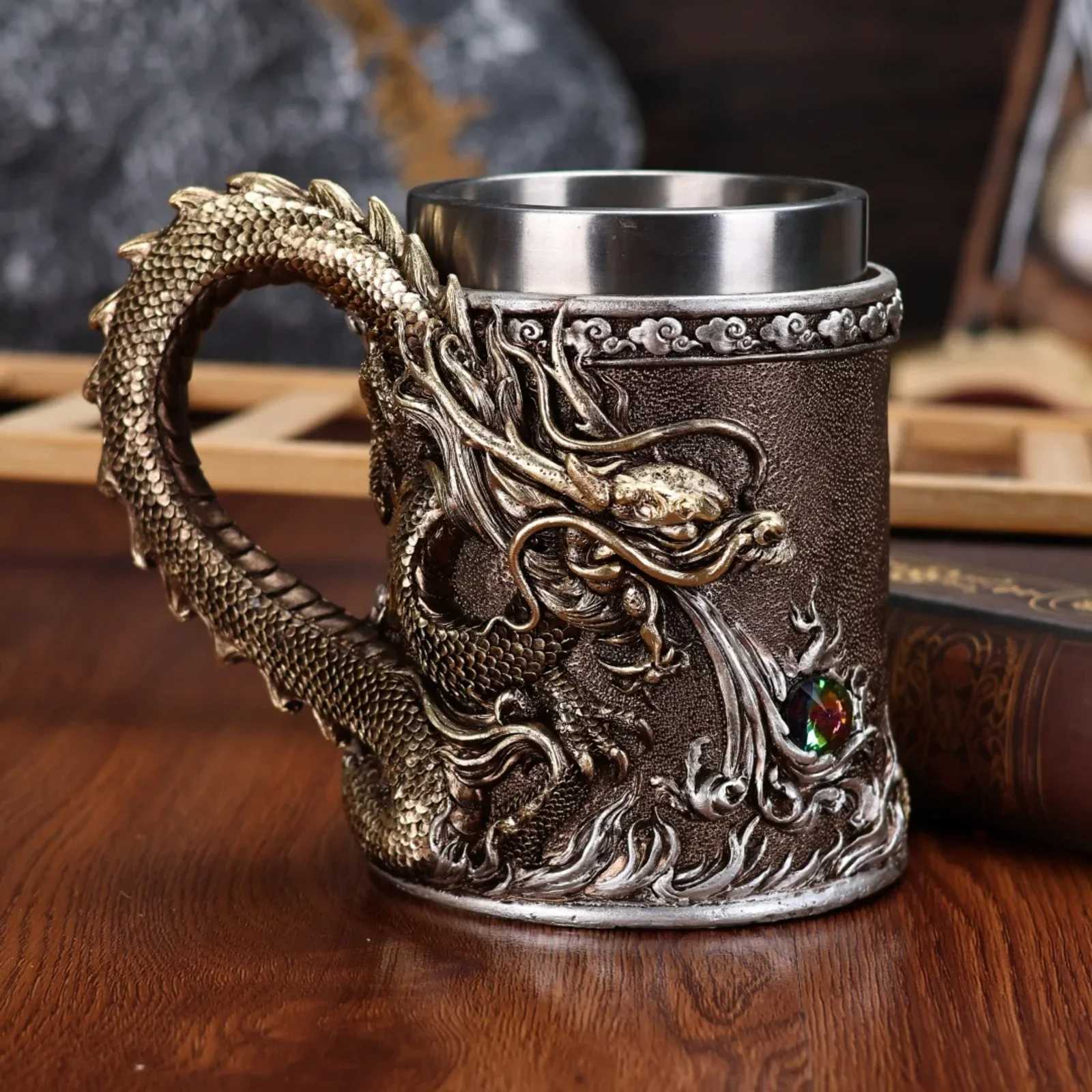 600ML Golden Copper Dragon Beer Resin Tankard 304 Stainless Steel Medieval Tea Cup Coffee Beer Mug Copper Color New Party Bar C251210