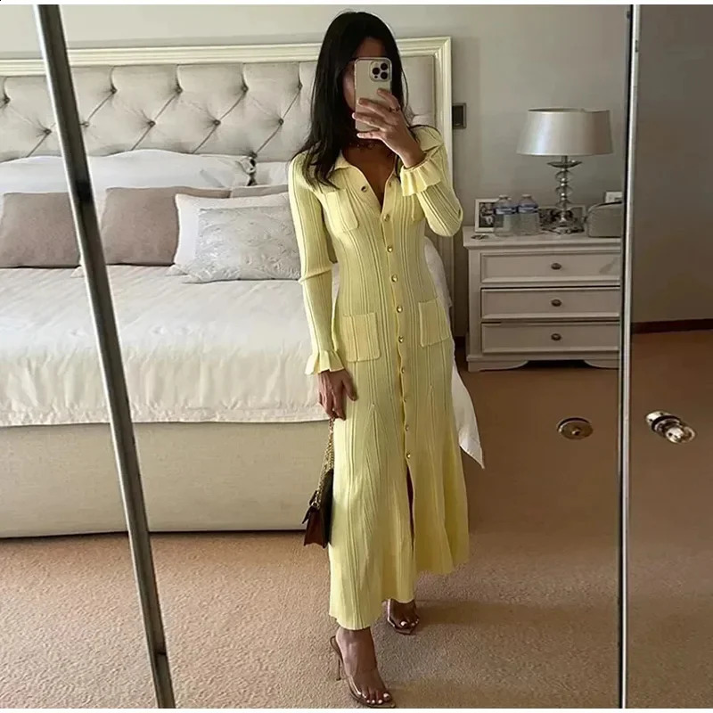 Elegant Knit Ribbed Single Breasted Long Dress Women Slim Lapel Flare Sleeve Pockets Female Dresses Autumn Lady Solid Robes 251210 C260312