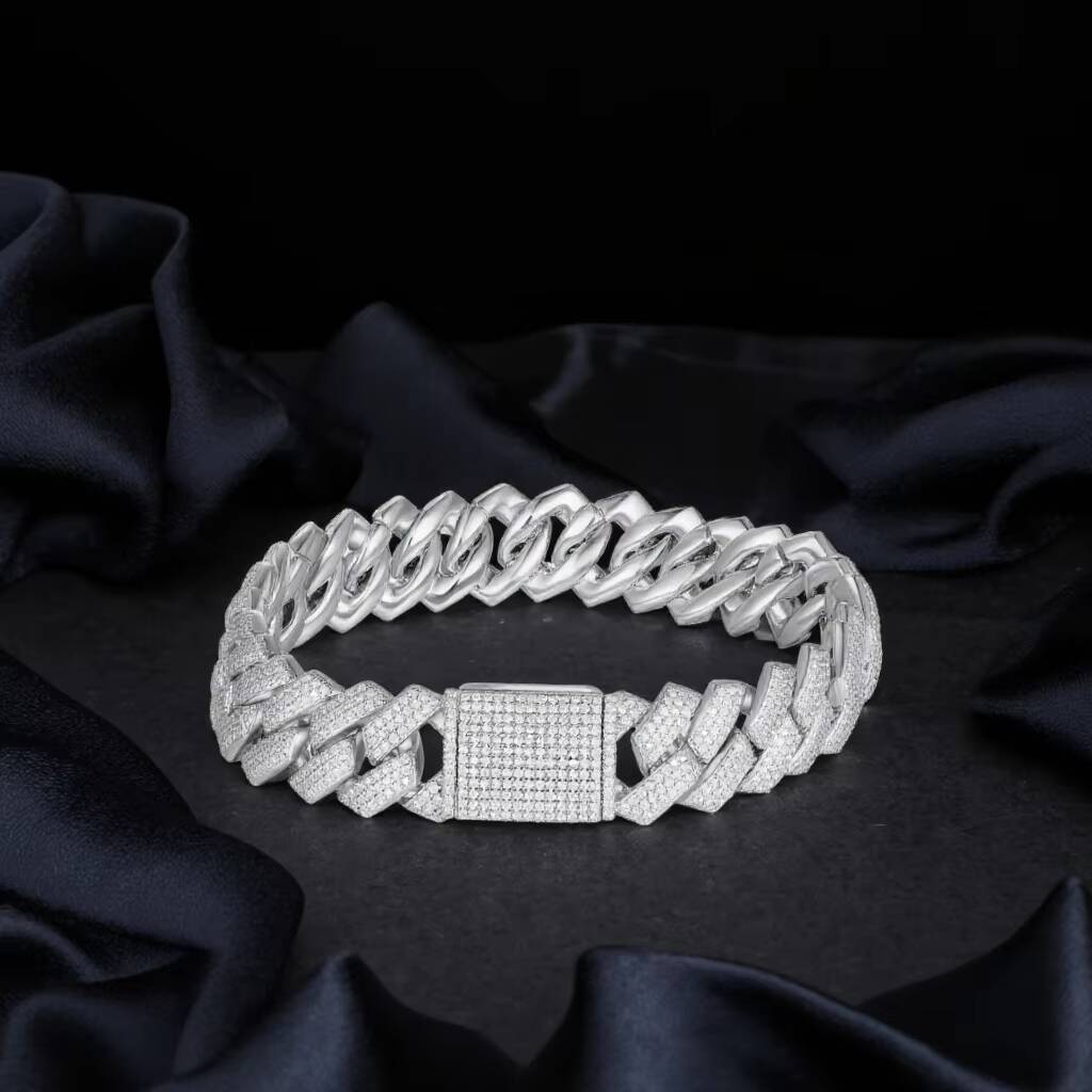 Moissanite Bracelet 925 Sterling Silver VVS Moissanite Diamond Hip Hop Jewelry 15mm Moissanite Cuban Bracelet