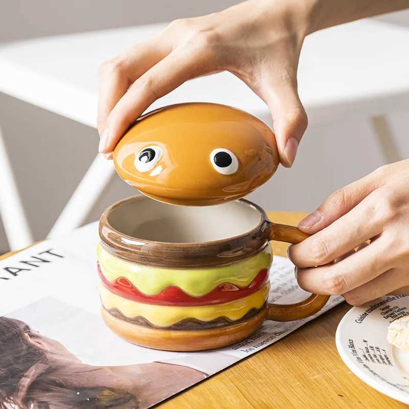 300ML Coffee Mugs Creative Hamburger Shaped Water Cup with Lid Cute and Cute Breakfast Cup Large Capacity Ceramic Hamburger Mug C251210
