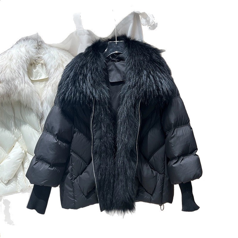 OFTBUY 2025 Winter Large Real Raccoon Fur Puffer Coat Women Oversized Feather Down Parka Knit Sleeve White Duck Down Jacket250918