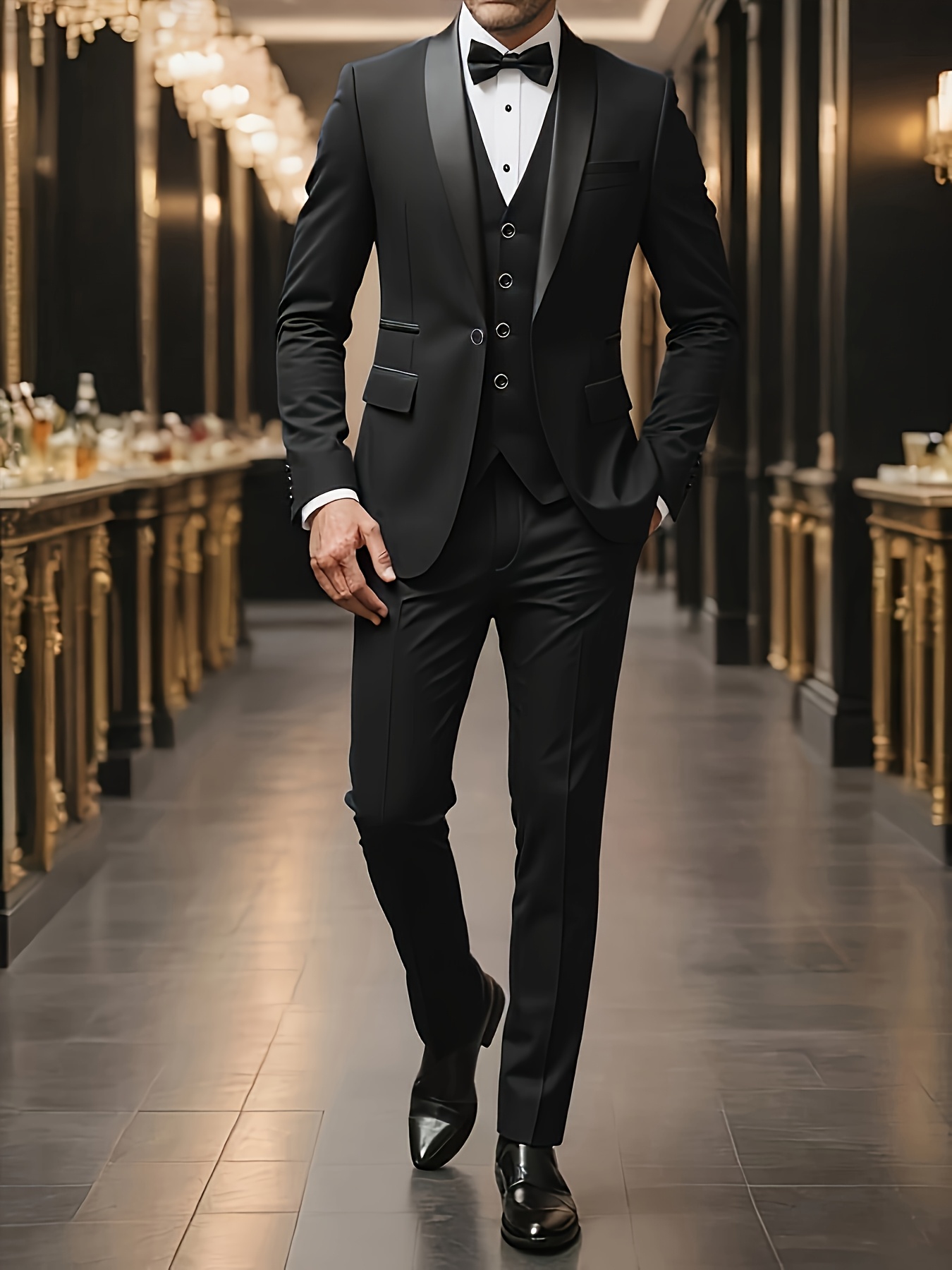 Men's Suits Men's Navy Blue Shawl Lapel 3-Piece Suit Set - Slim Fit Blazer Vest Trousers Formal Wedding Prom Evening Outfit