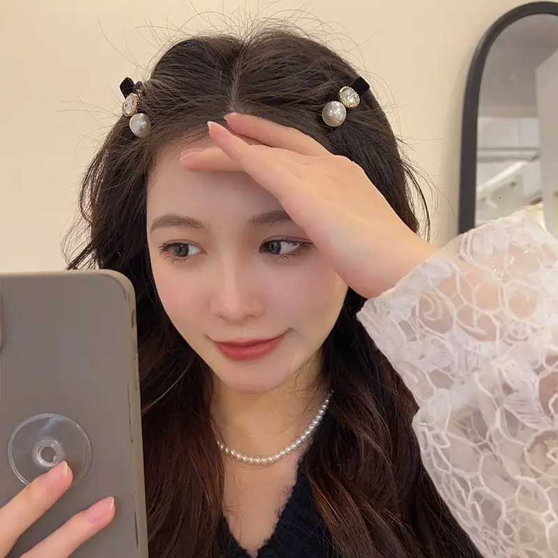 2/4pcs Pearl small fragrance side clip piece for wen exquisite black veet bangs hair clip retro new high-end clip Y251210