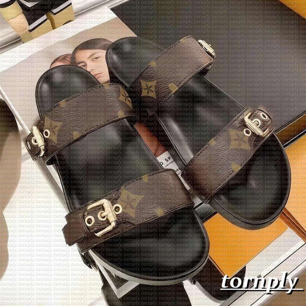 Bom Dia Genuine Leather sandal Slipper Casual Shoe summer beach sandale gladiator Mules hasp New womans mens Flat Slide luxury Designer Sliders sandale 35--45