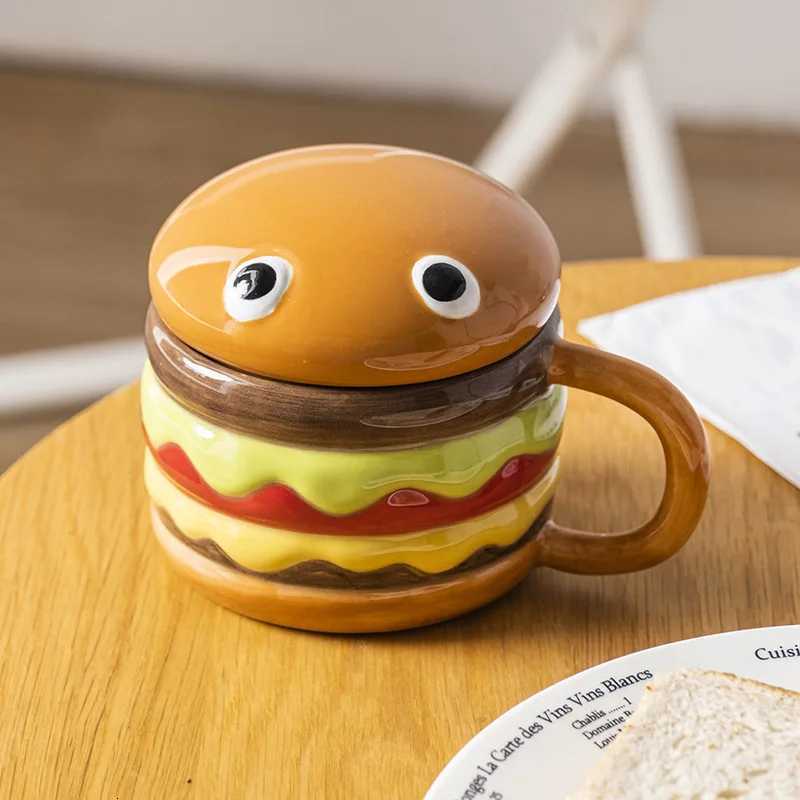 300ML Coffee Mugs Creative Hamburger Shaped Water Cup with Lid Cute and Cute Breakfast Cup Large Capacity Ceramic Hamburger Mug C251210