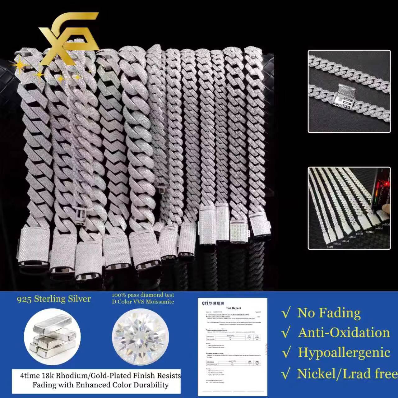 XingGuang Custom Jewelry 925 Silver Chain24mm 4rows VVS Ice Diamond Link Moissanite Cuban Necklace