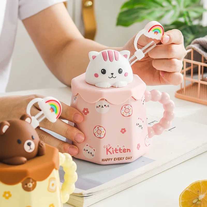 Cartoon Ceramic Mug with Lid and Spoon Creative Cute Coffee Milk Tea Breakfast Cup Drinkware Novelty Gifts 400ML Mugs C251210
