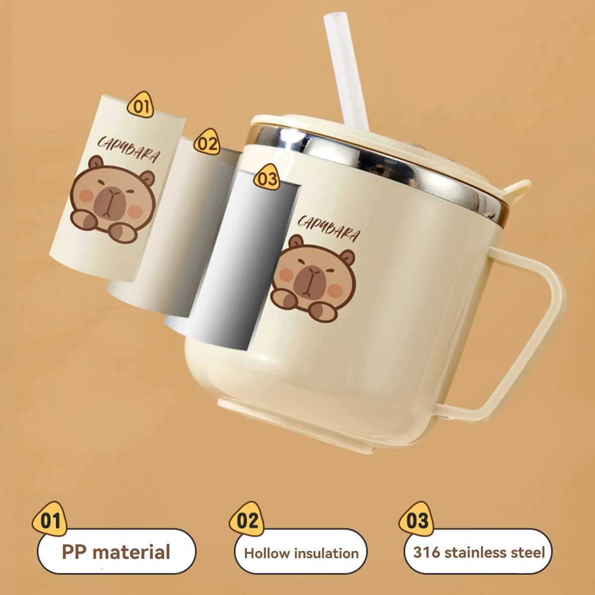 316 Stainless Steel Thermos Mug For Kids Capybara Portable Leak-proof Double Wall Insulated Milk Coffee Cup With StrawHandle C251210