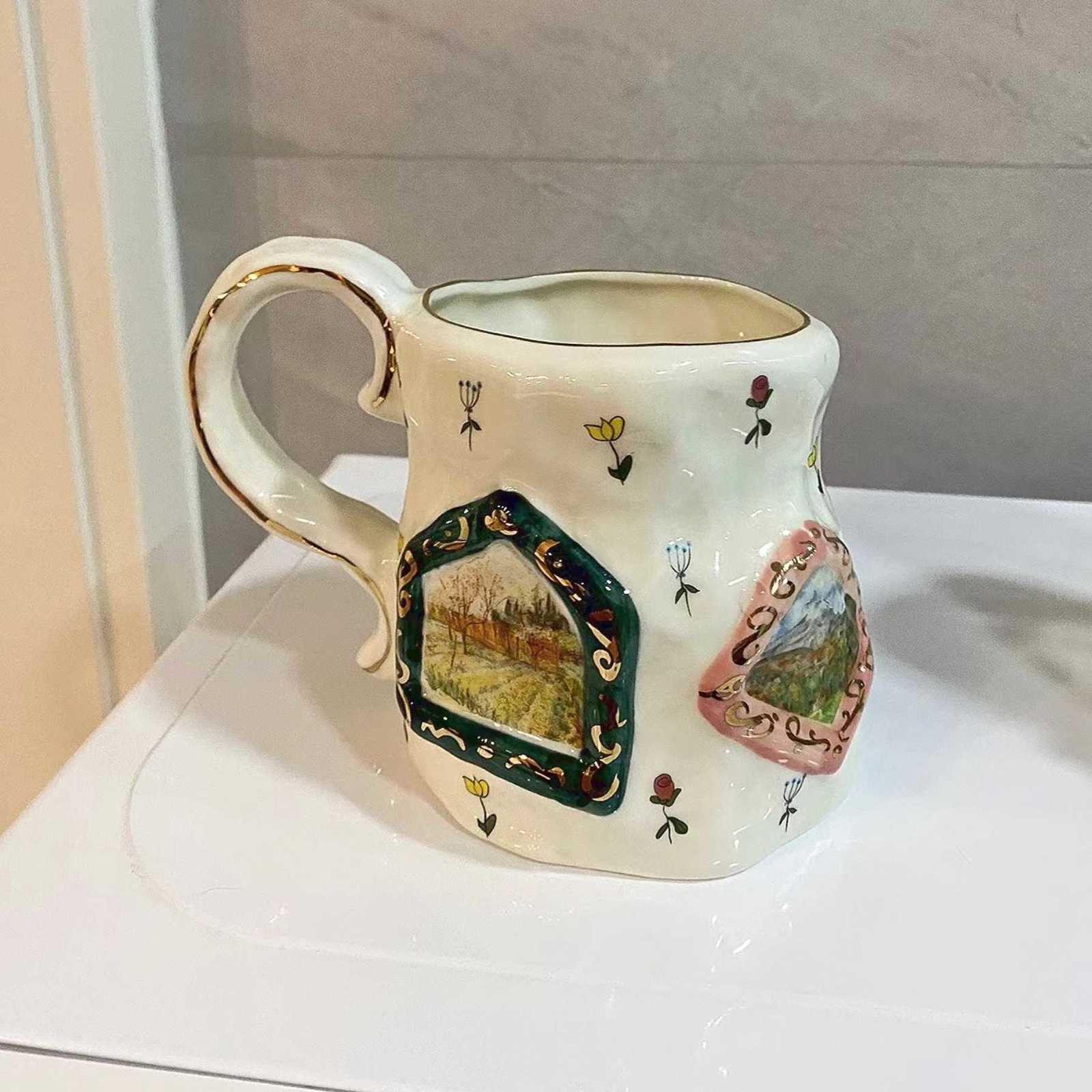 Retro Hand-painted Ceramic Mug Gold Painted Coffee Mugs Large Capacity Breakfast Milk Cups Couple Tea Cup Set Gift C251210