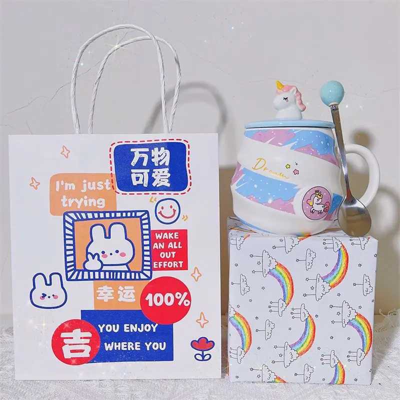 400ml Cute Unicorn Ceramic Cup Ins High Beauty Coffee Mug with Spoon Straw Box Dust Plug Small Summer Couple Water Cups Gift C251210