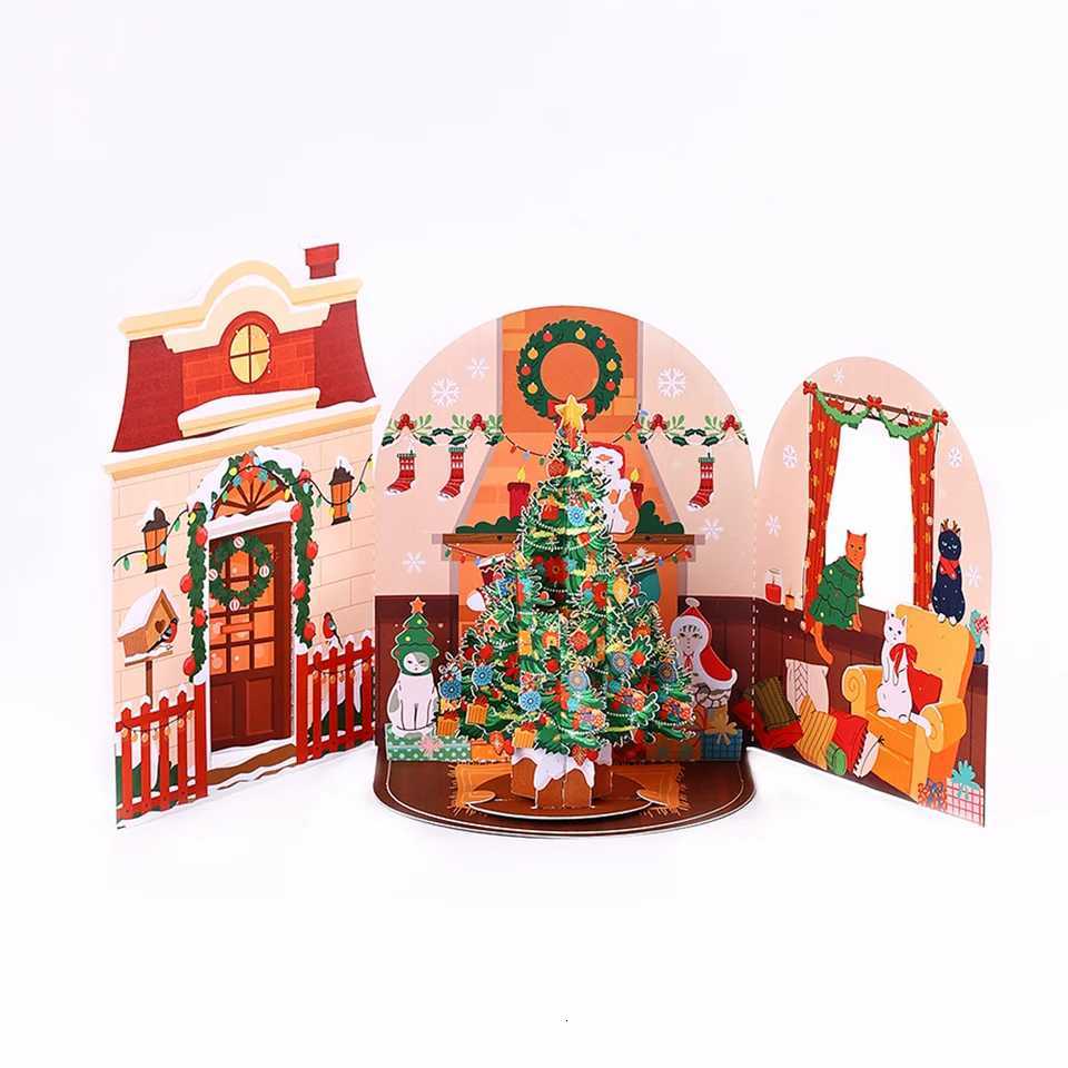 Cat Xmas Party Greeting Cards Christmas TreeThree-dimensional Up Card With Envelope 3D Postcard Holiday Supplies H251210