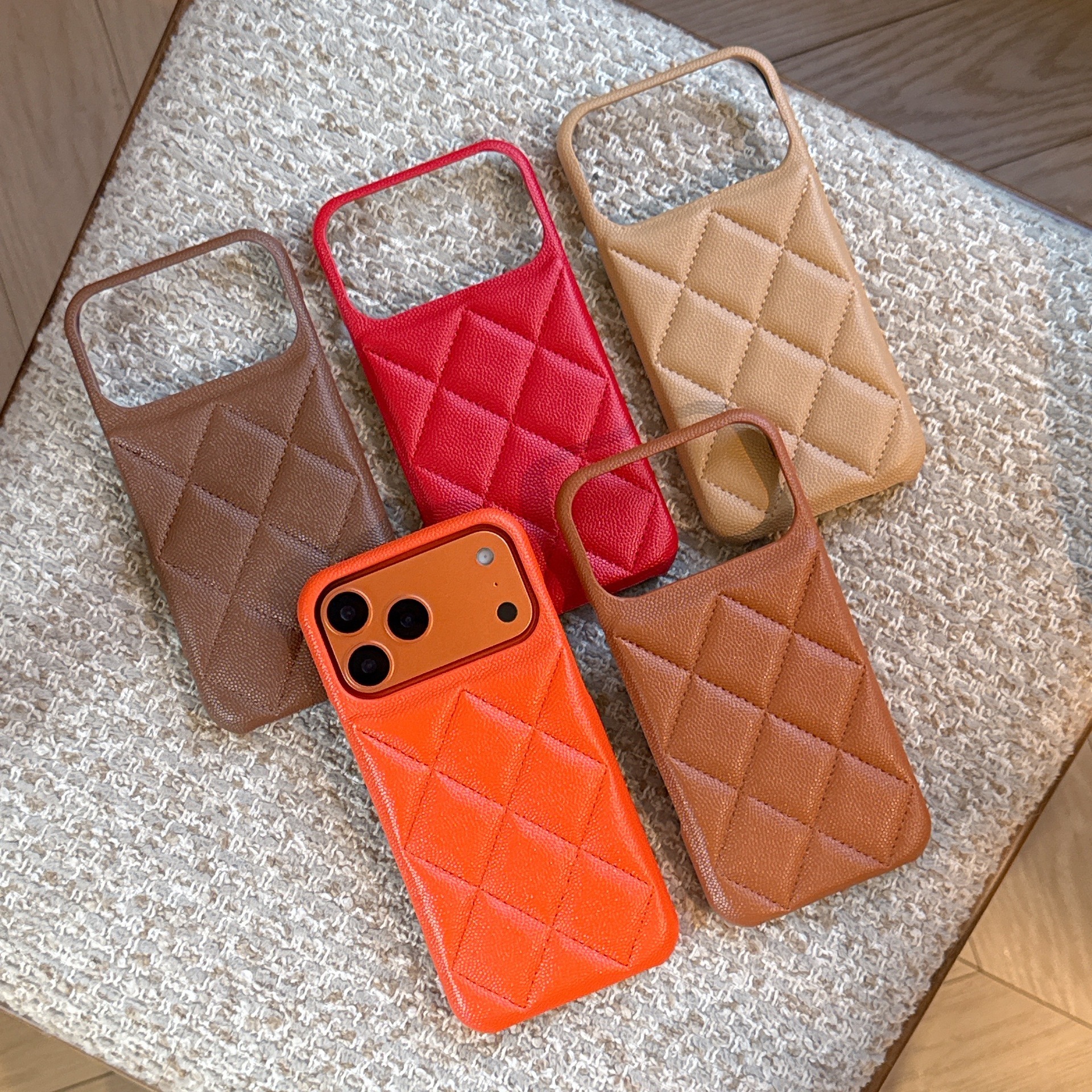 Autumn Winter Leather Quilted for iPhone 16 Pro Max Apple 17 Phone 15 Chanel Style 14 Lychee Pattern Hard Case