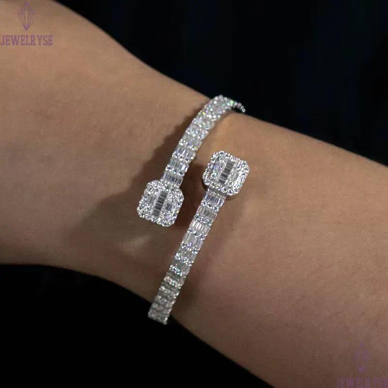Drop Shipping Hip Hop Jewelry Gold Plated 925 Sterling Silver VVS Baguette Diamond Iced Out Love Cuff Bangle Bracelet for Women