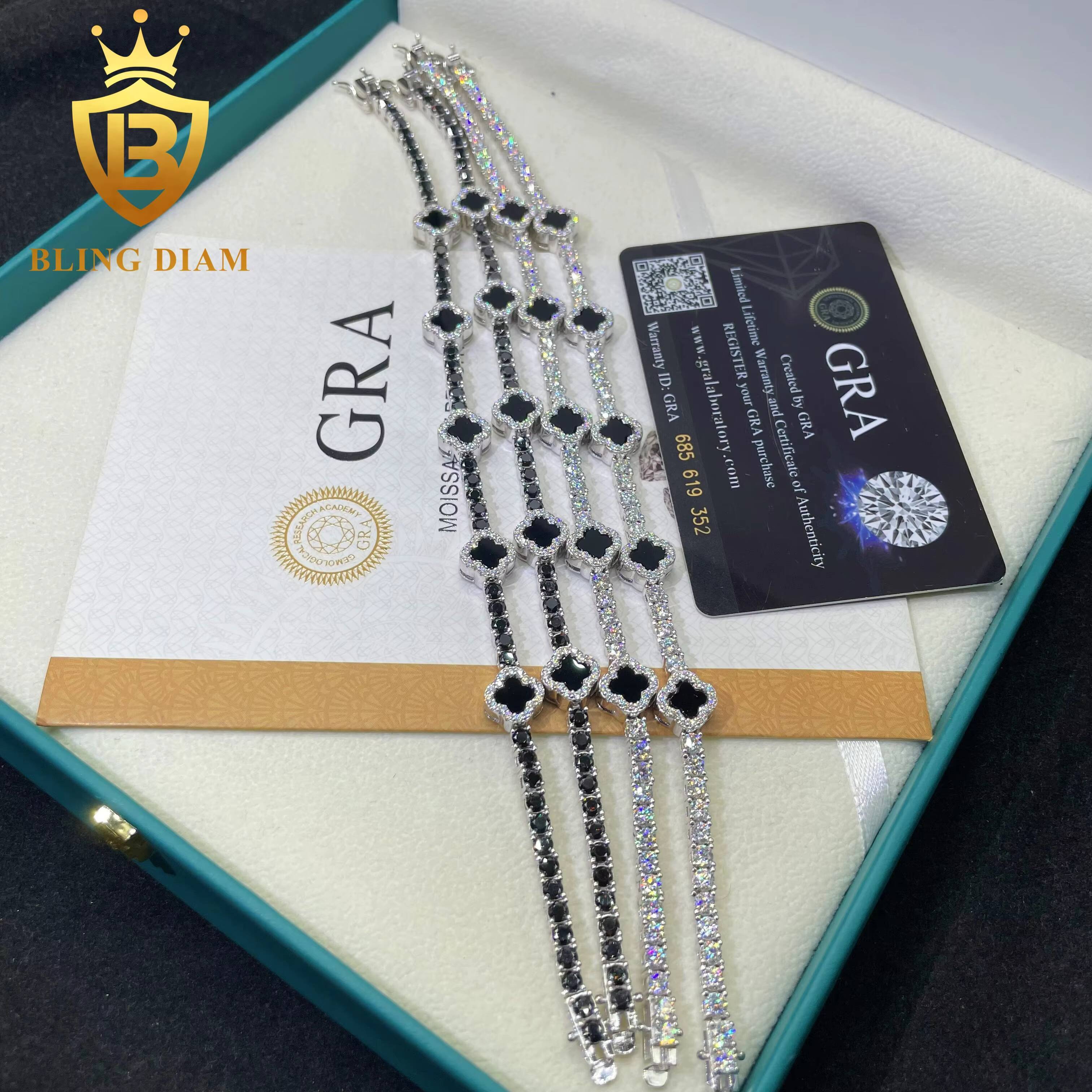 Hot Selling 3mm Four Clover Leaf 925 Sterling Silver Luxury Hip Hop Moissanite Diamond Tennis Chain Bracelet Pass Diamond Test