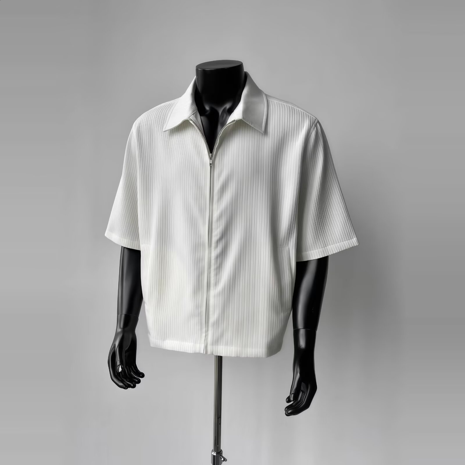 2024 Summer Leather Short Sleeve Y2K VIntage Harajuku Fashion T-shirt Mens Street Hip Hop Casual Collar Zipper T-shirt Top 241126