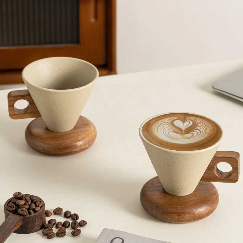 JUSTINLAU Retro Ceramic Coffee CupSolid Wood Saucer Set Coffee Mug with Solid Wood Handle Exquisite Home Coffee CupsSaucers C251210