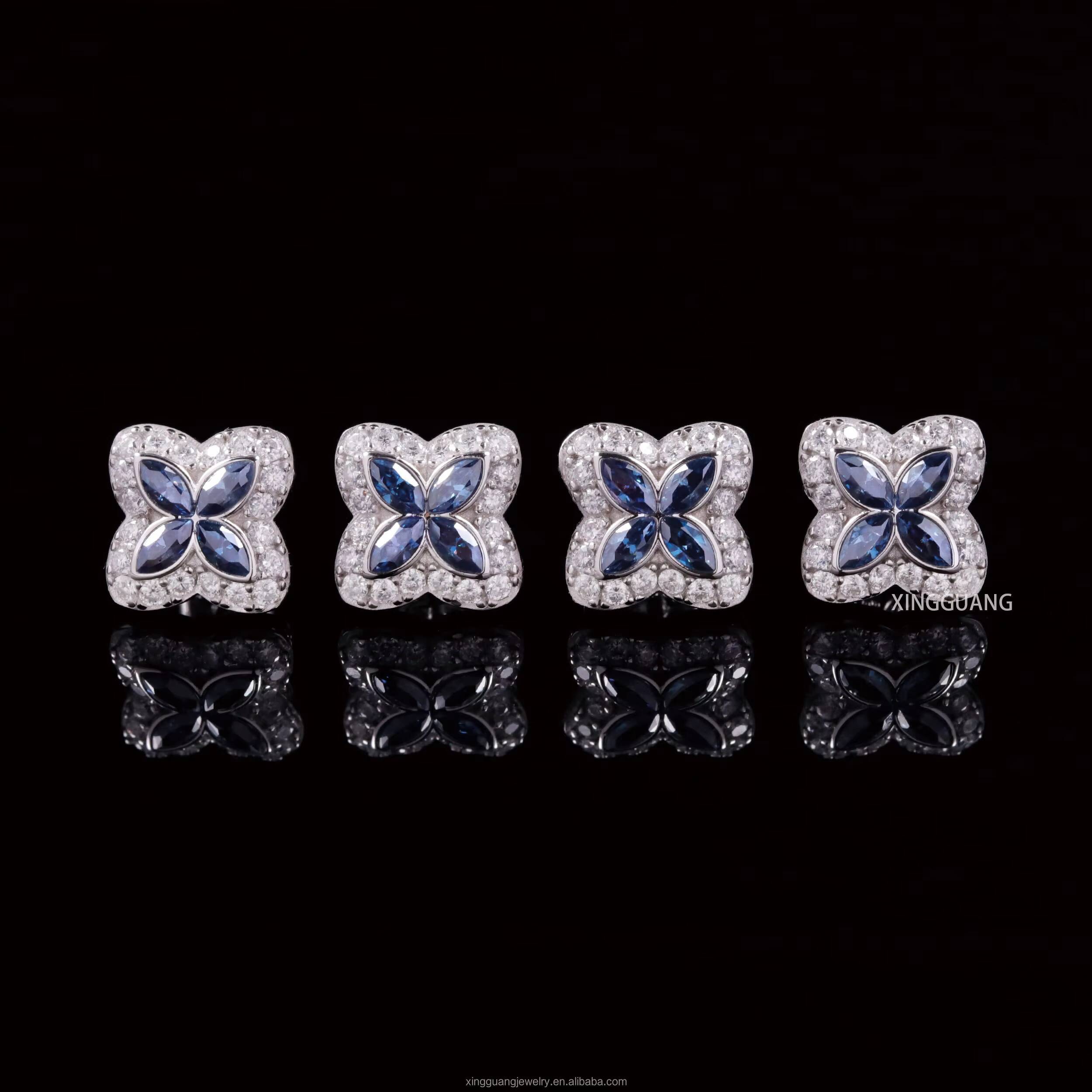 Flower Jewelry Sapphire Moissanite Four Leaf Clover Design White Gold Plated 925 Sterling Silver Earring Studs Women Men