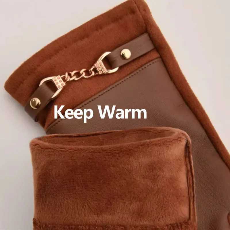 Winter Warm Suede Leather Plus Veet Keep Warm Chain Gs Fashion Elegant Touch Screen Soft Cycling Windproof Mittens Y251210