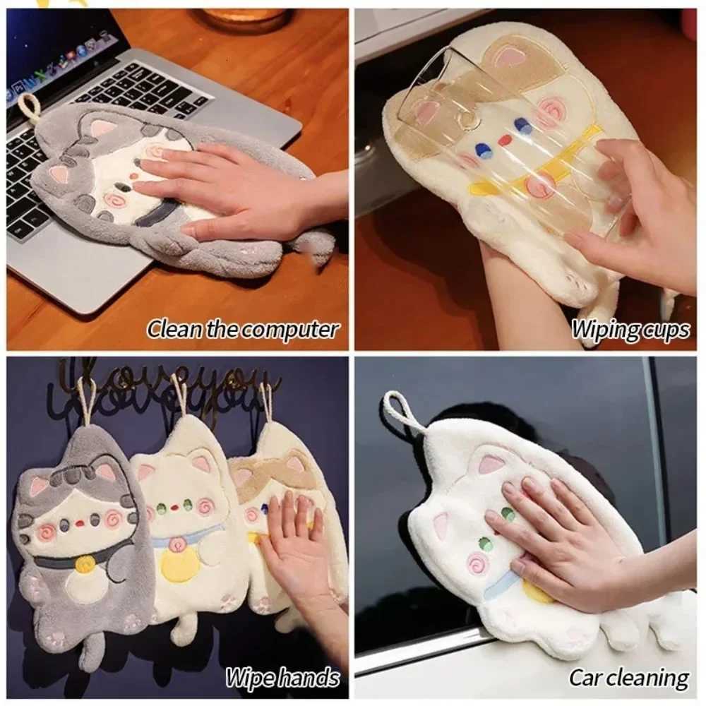 Cute Cat Hand Towel Quick Drying Kitchen Cleaning Rag Coral Velvet Cartoon Animal Absorbent Bathroom Hanging Towel Home Supplies C251210