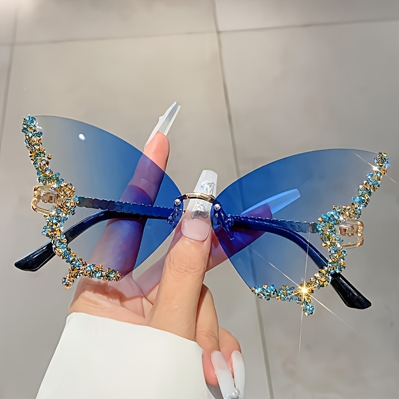 Set of 8 Women's Butterfly Rhinestone Fashion Glasses - Blue Sparkly Decor, Metal Frame Everyday Accessory, Trendy Glasses, A Must-Have for Enthu