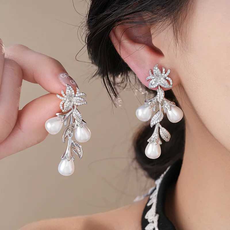 DREJEW wers and Leaves Zircon Pearl Tassel Earrings for Wen Fashion Long Drop Earring Light Luxury High-end Wedding Jewelry Y251210