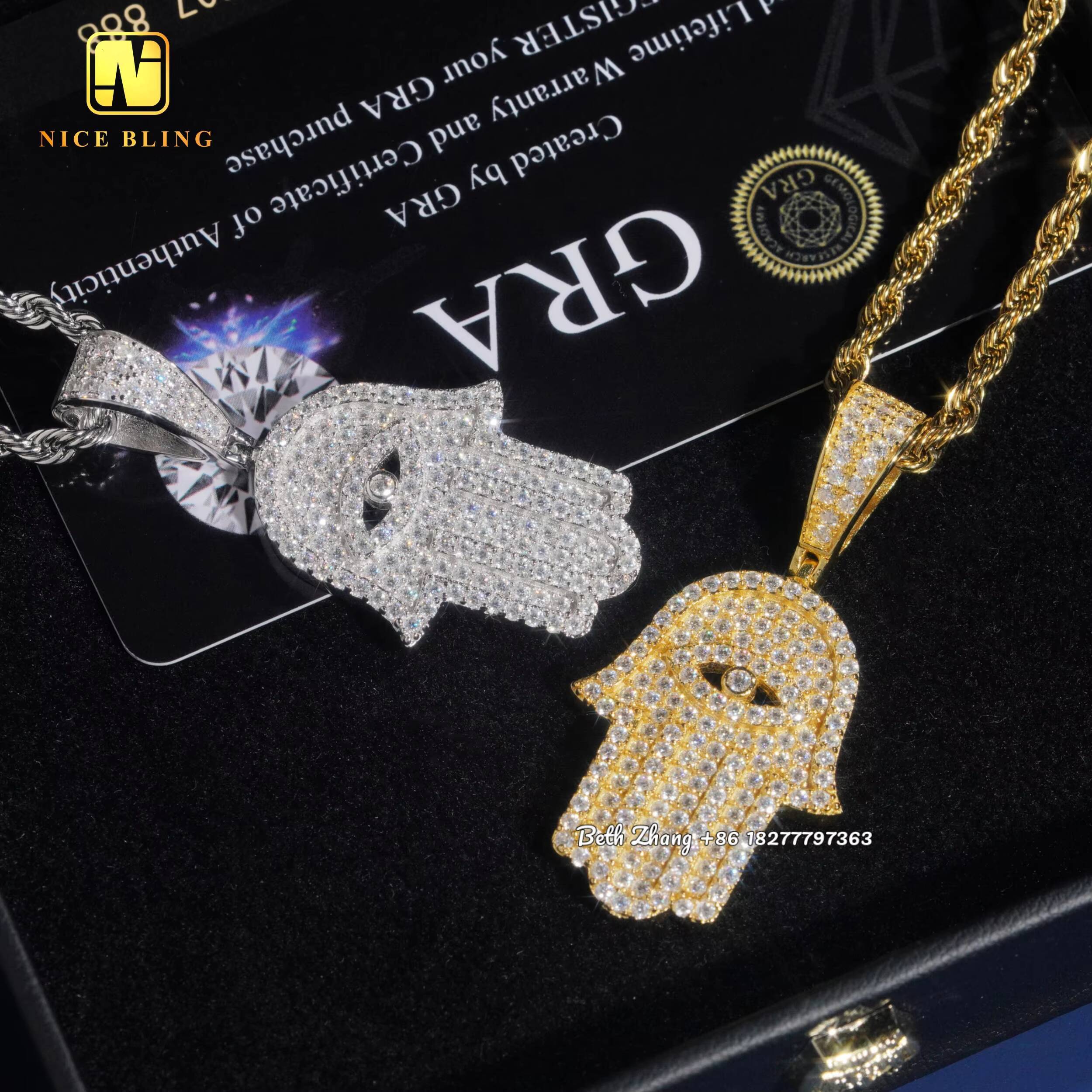 925 Sterling Silver Pendants Hip Hop Jewelry Moissanite Hamsa Hand Charm Pendants