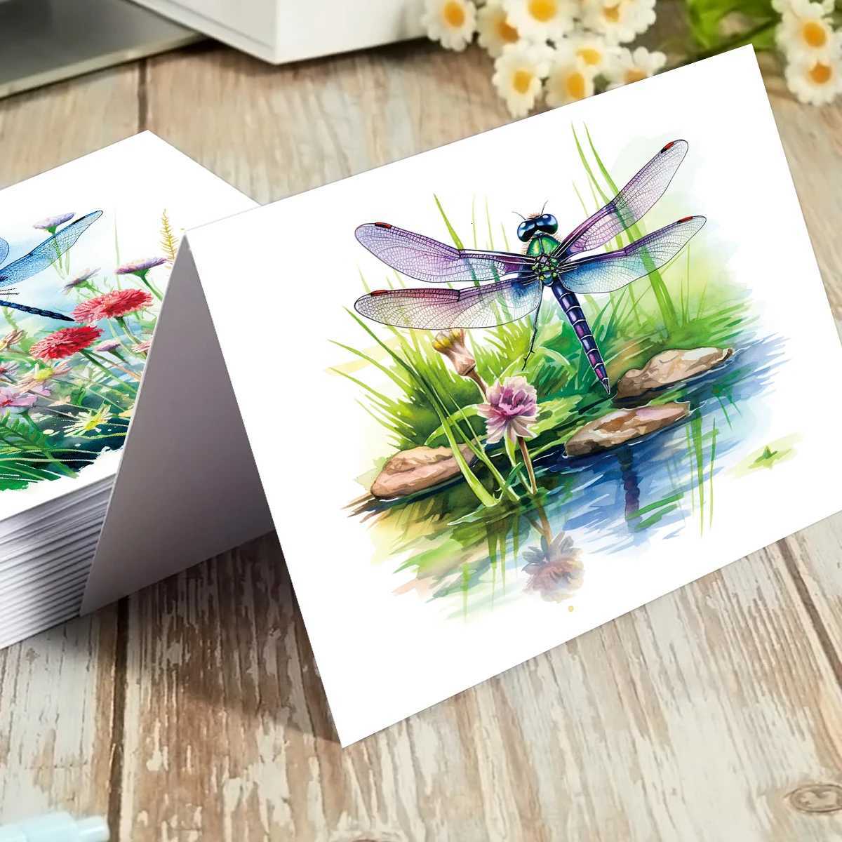 12pcs Watercolor Esign Dragoy Flower Greeting Cards With Envelopes For Thank You Gifts Birthday Congratation Wedding H251210