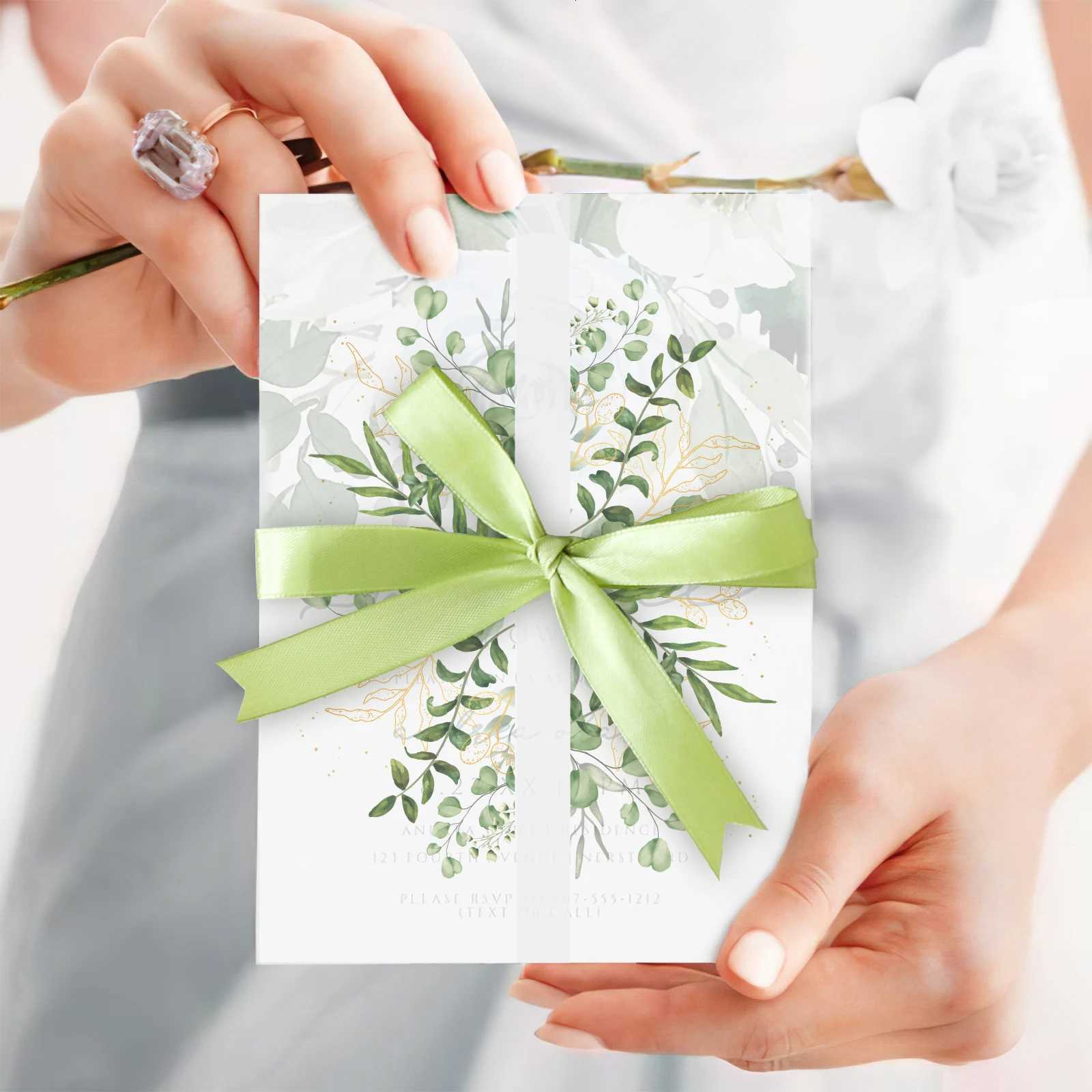 50pcs Folded Vellum Jackets with Ribbon for Wedding Invitations Card Birthday Party Baby Shower Cards Craft Paper Wraps H251210