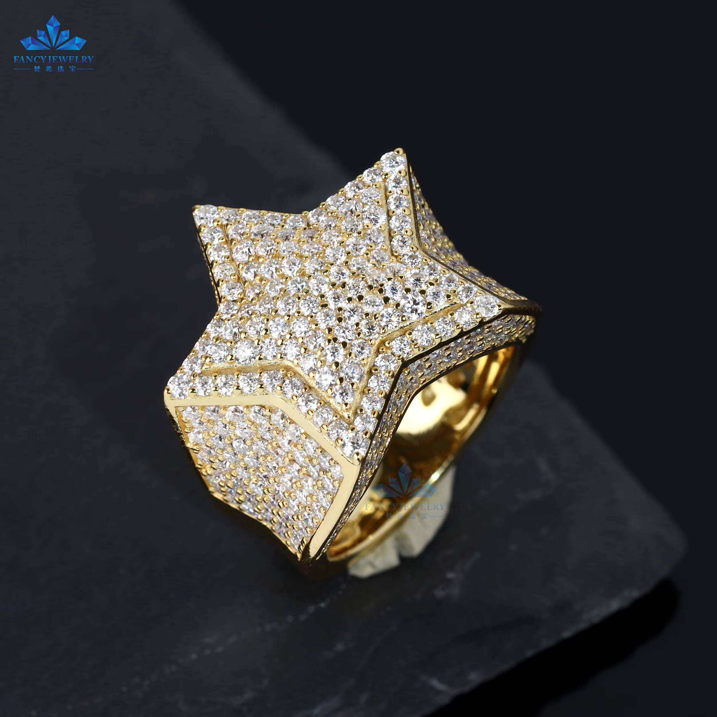 Hot Selling Hiphop Jewelry Fine 925 Sterling Silver VVS Moissanite Diamond Iced Out Star Ring for Men Women