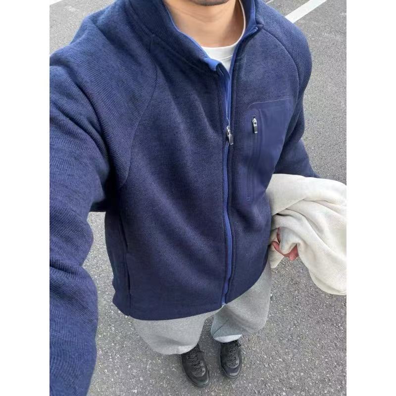 Men's knitted fleece zipper jacket for autumn and winter casual stand-up collar jacket
