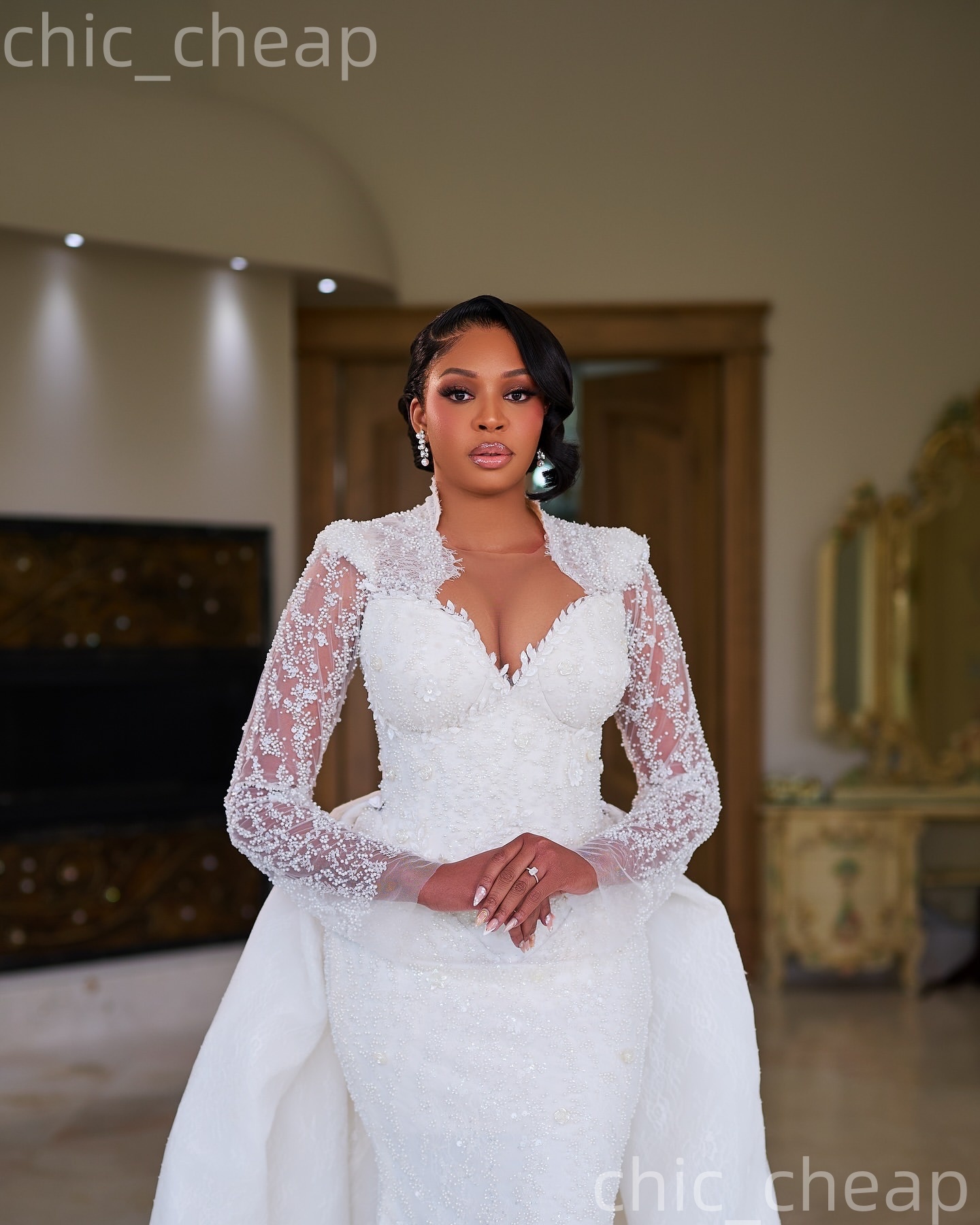 2026 Arabic Aso Ebi Plus Size Ivory Wedding Dresses Sheer Neck Full Sleeves Flowers Sequined Lace Detachable Train Bridal Gowns Dress For Brides ZJ205