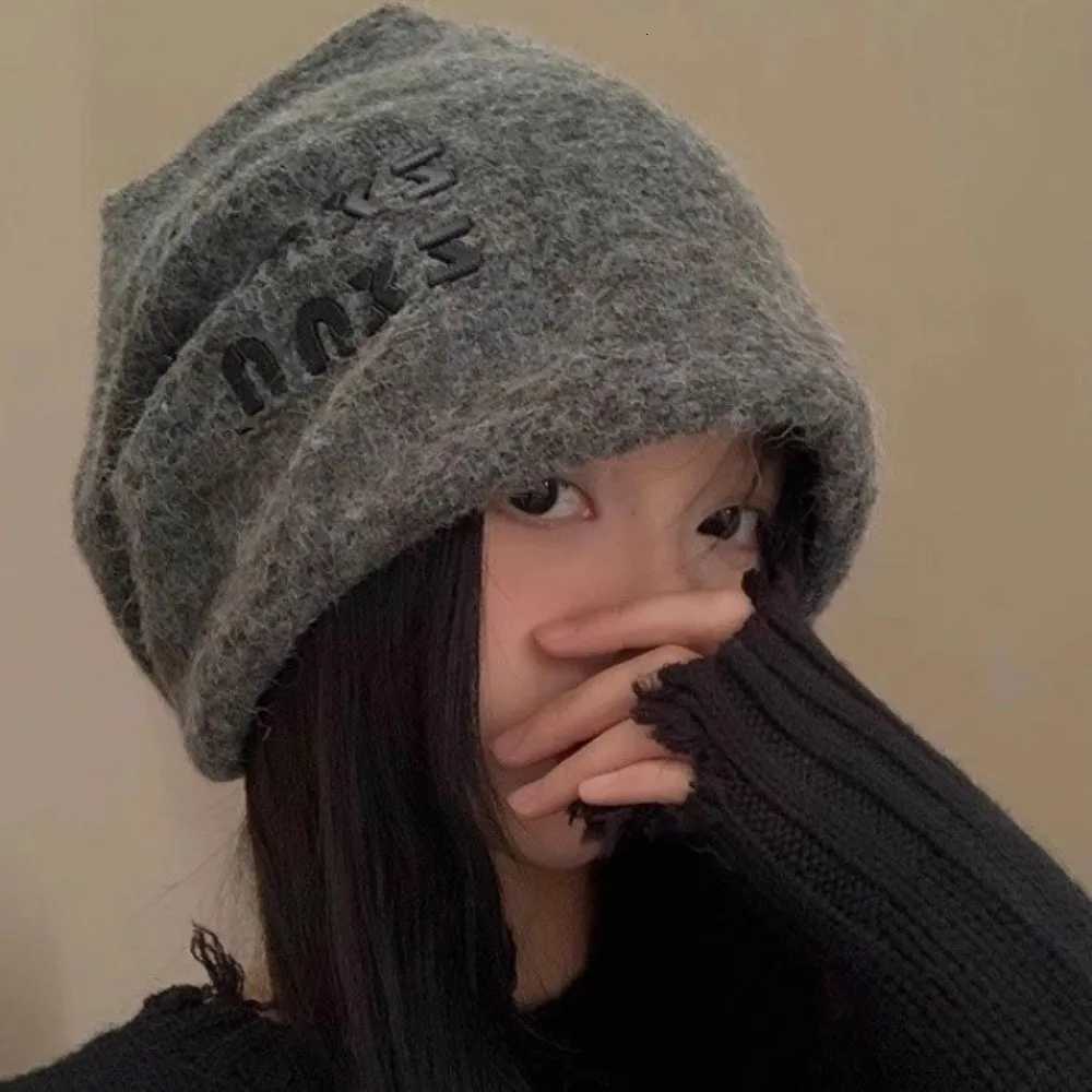 Luxury Japanese Slouchy Beanie Hat Big Size Soft Cold Hat Letter Face Slimming Warm Knit Cap For Daily Wear Y251209