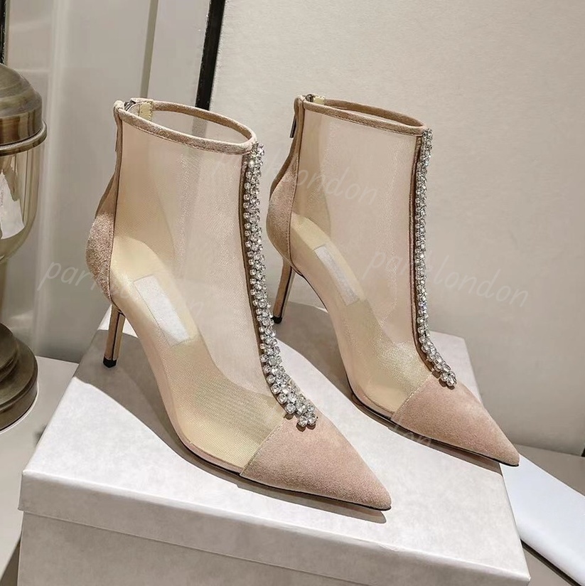 Designer Women's Shoes Luxury Mesh Cut-out Rhinestones Thin Heels Pointed Toe Ankle Boots Breathable Boots Sex Heels 33848