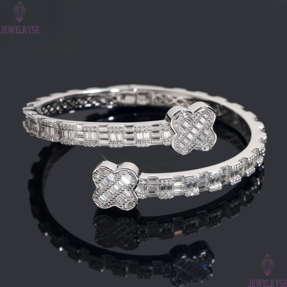 925 Sterling Silver Iced Out Hip Hop Jewelry VVS Moissanite Diamond Four Leaf Clover Bracelet Bangle Men
