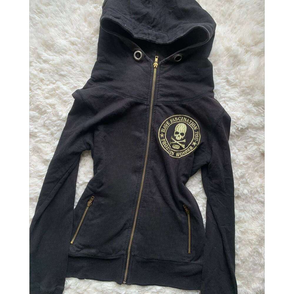 Y2k Retro Zipper Hoodies Women Harajuku Sexy Slim Fit Sweatshirt Autumn Skull Graphic Embroidery Hooded Jacket Gothic Clothing