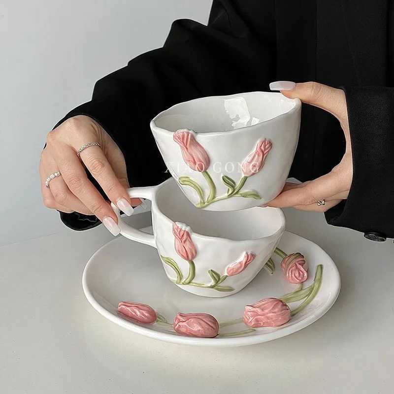 French Tulip Ceramic Coffee Cups Plate Bowl Unique Three-dimensional Embossed Design Home Desserts Tableware Kitchen Accessories C251210
