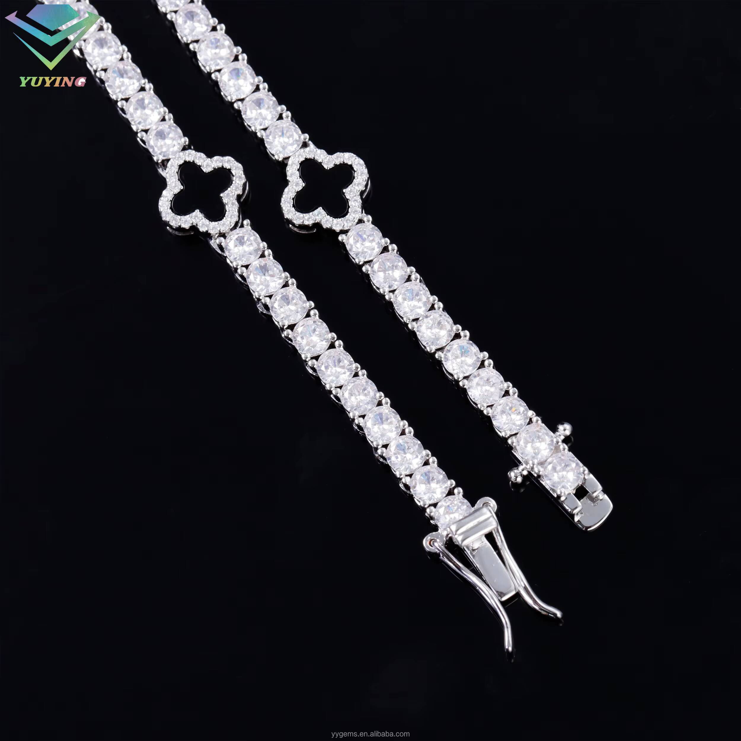 Lucky Four Leaf Clover Tennis Bracelet Hip Hop Jewelry 3mm 4mm 5mm S925 Silver Iced Out Moissanite Clover Tennis Bracelet